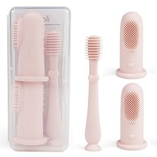 Baby Oral Care Set Blush - Dual-Sided Finger Toothbrush x2, Tongue Scraper,...