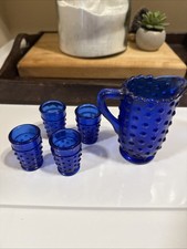 Cobalt Blue Hobnail Miniature Pitcher and Glass Set Of Children  s Tea Party VTG