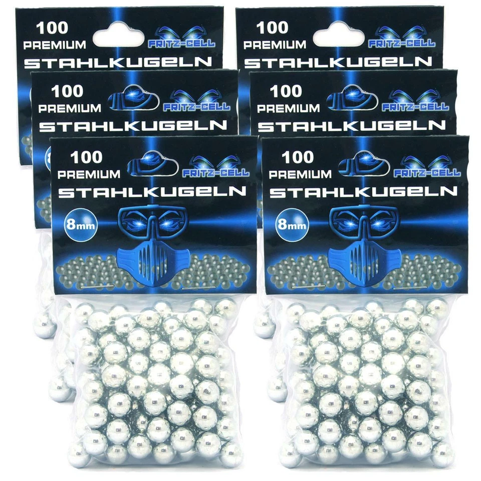 6 x Fritz-Cell 100 Stahlkugeln 8,0 mm BBs zinkbeschichtet, Rundkugeln