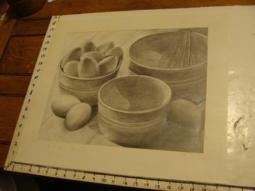 JAN STEELE, drawing: pencil: STILL LIFE: EGGS, BOWLS, MIXER - Picture 1 of 3