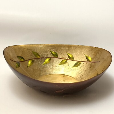 Vintage TURKISH Large Oval Serving Fruit Bowl Gold Foil Leaf Design Bronze Brown