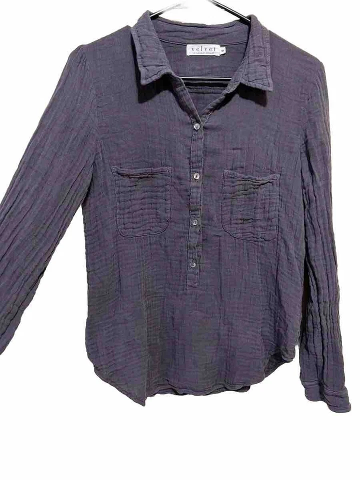 Terciopelo Mujer Clásico Gasa Algodón Camisa Manga Larga en Gris Talla M Foto 2 de 4
