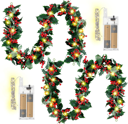 12 Ft Christmas Garland with Lights Artificial Holly Leaves and Berries Garland
