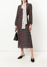 Rixo Simona Floral Dress M 10 12 Silk Tie Neck Midi Sleeve Black Red White £305