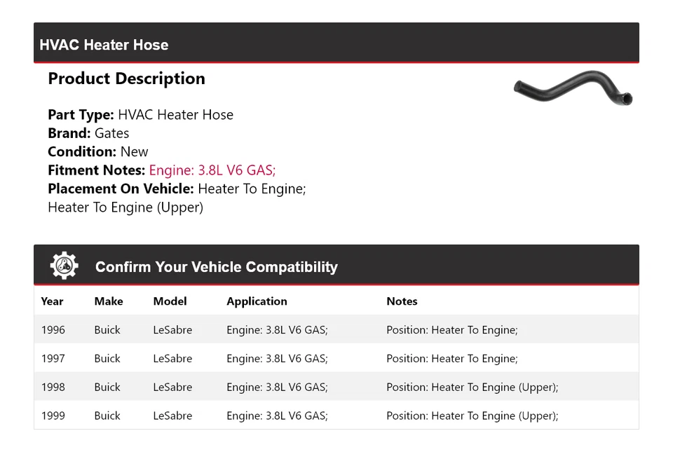 Para Buick LeSabre 1996-1999 3,8 L V6 Gas HVAC Calefacción Manguera Puertas 1997 1998 Foto 2 de 4