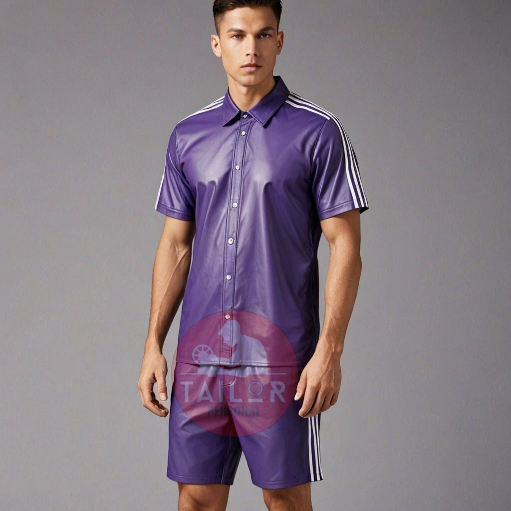 MEN'S LAMBSKIN PURPLE LEATHER SHIRT AND SHORTS WITH STRIPES SET WALKING SUMMER