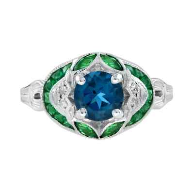 Art Deco Style Lab-Created Diamond Blue Topaz Emerald Ring 14K White Gold FN