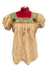 Hand Embroidered Peasant Blouse Puff Cap Sleeves Multi Mayan Chiapas Mexico S M
