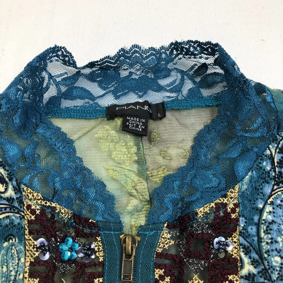 Blusa de piano para mujer grande floral cachemira cremallera completa mangas largas encaje transparente artística Foto 3 de 4