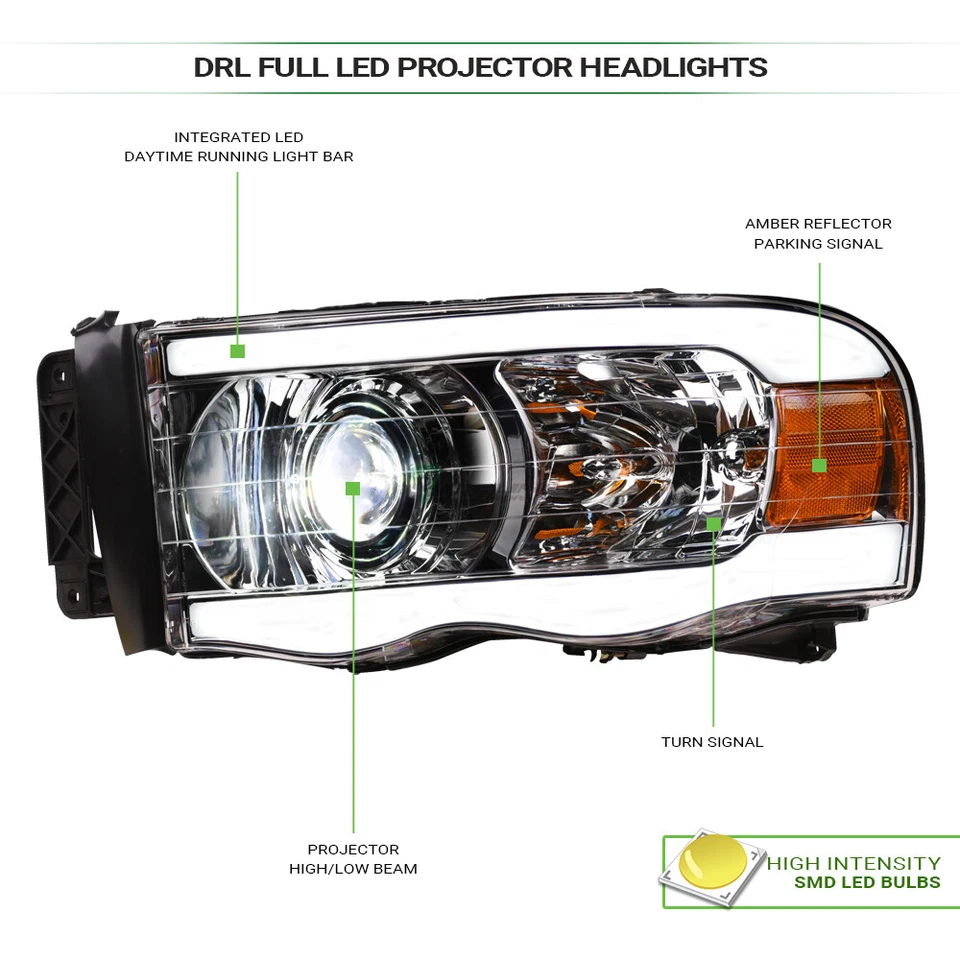 Topline For 2002-2005 Dodge Ram Full LED Strip Projector Headlights Amber Chrome Foto 3 de 4