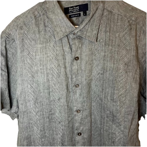 Nat Nast Hawaiian Beach Men's Luxury American Fit 100% Linen Shirt Gray Large - Picture 3 of 10
