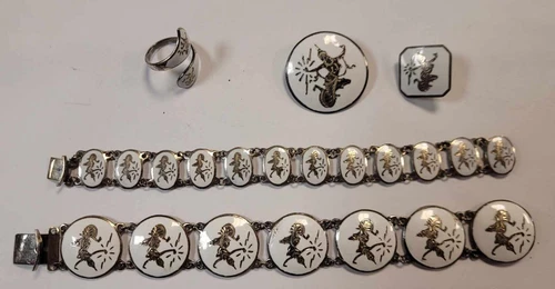 Siam 925 & White Enamel Niello Dancer  2 Bracelets, Brooch, Ring,  1 Earring VTG