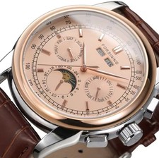 Mechanische Herrenuhr Chronograph Automatikuhr Armbanduhr Lederarmband Mondphase