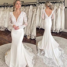 Elegant Mermaid Wedding Dresses Deep V Neck Lace Satin Bridal Gowns Long Sleeves