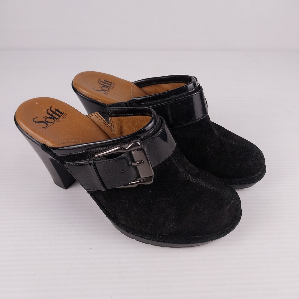 Söfft Black Suede and Patent Leather Heeled Clog Mules US 7M / AU 7
