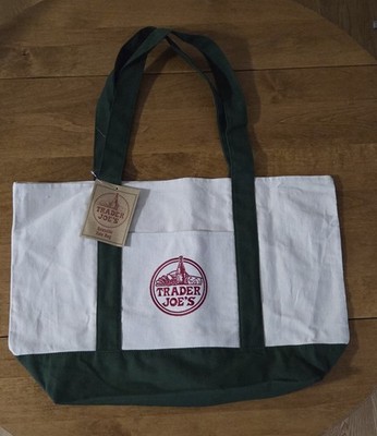 Trader Joe's Foldable Reusable Canvas Tote Bag White & Green