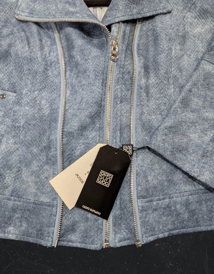 NWT Clara Sun Woo Liquid Leather Jacket Blue Denim Print Moto Zip S 6/8 Travel - Image 2 of 4