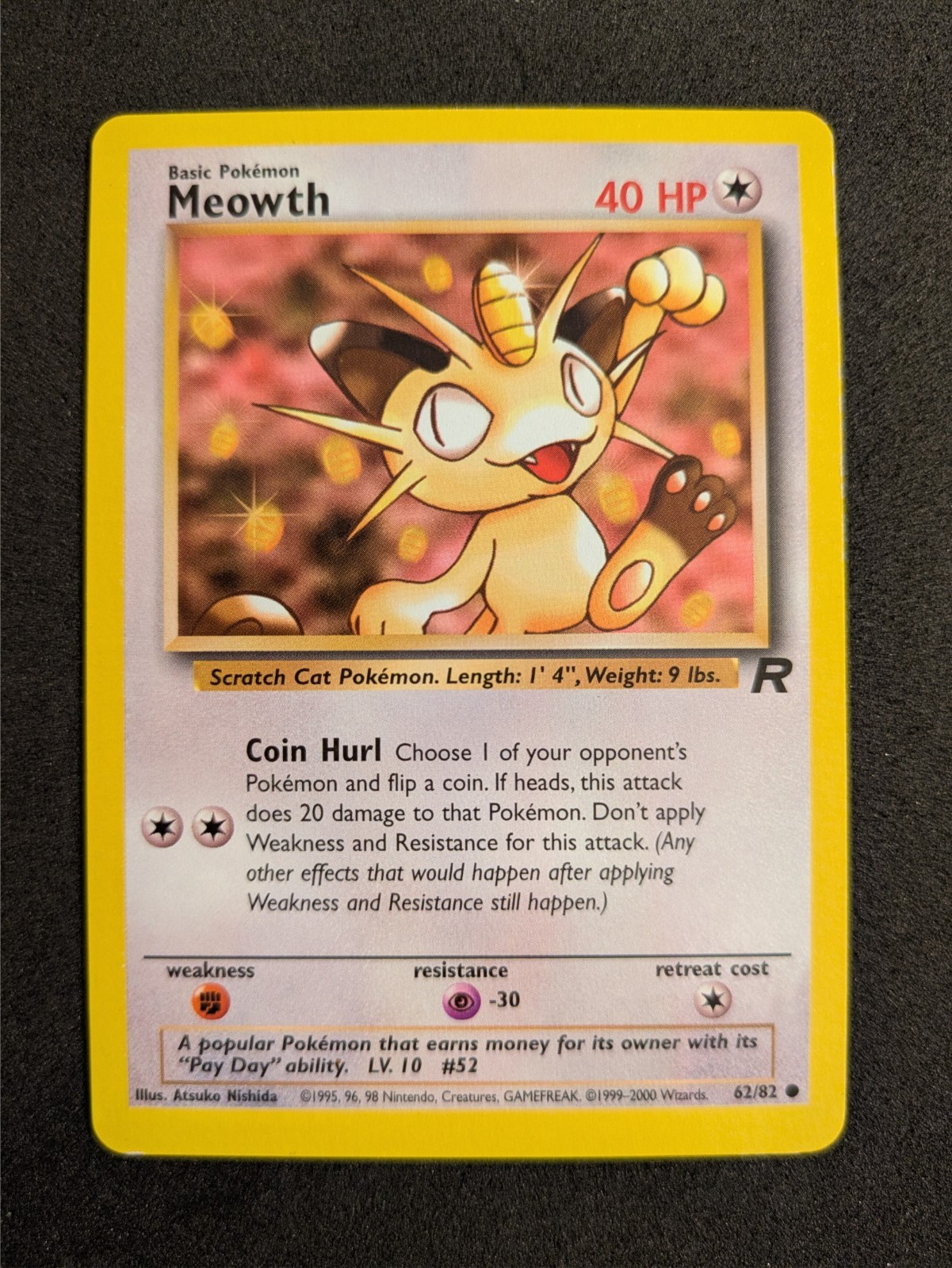 Pokemon Card - Vintage - Meowth - 62/82 - Team Rocket - LP
