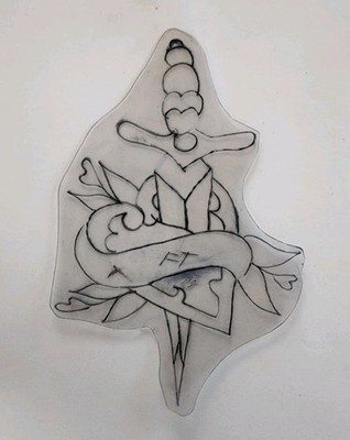 original antique fred thornton FT dagger heart tattoo acetate flash stencil 3x5