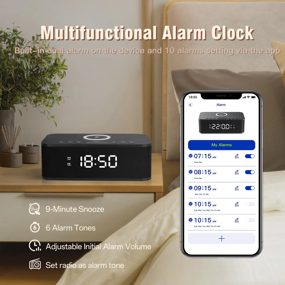Dual Alarm Clock Radio Bedroom, Digital Alarm Clocks Bedrooms Bluetooth, Up t... - Image 2 of 4