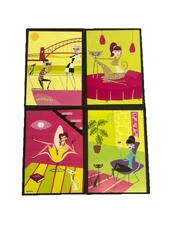 Set Of 4 SHAG Framed Art MCM Groovy Beehive Hedonist Cats Pink Yellow Cocktail