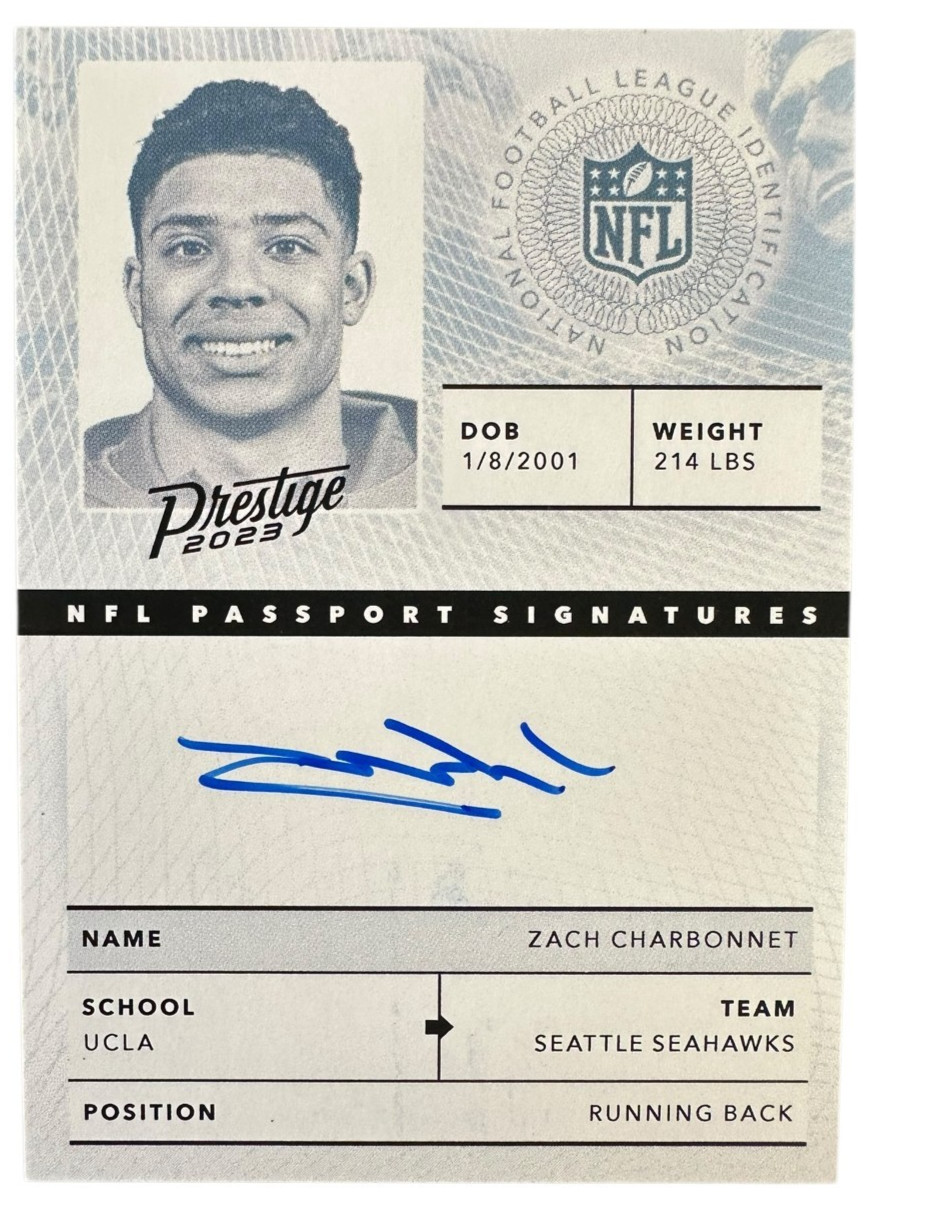 2023 Panini Prestige Zach Charbonnet NFL Passport Signatures RC Auto #NPS-ZC SSP