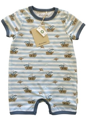 MinyMo (Denmark) NWT Blu/Wht Sailboats & Sea Life Org Cotton Knit Romper- 3 Mos