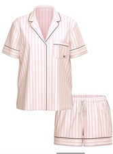NWT Victoria  s Secret pink ICONIC Stripe Glazed Satin Pajama Set sz L Shorts set