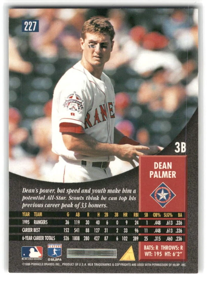 Dean Palmer 1996 Pinnacle Baseball #227 Texas Rangers - Image 2 of 2