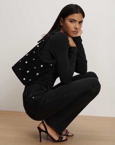 Veronica Beard Embellished Loop Bag in Black Suede Crystal Small NEW $598