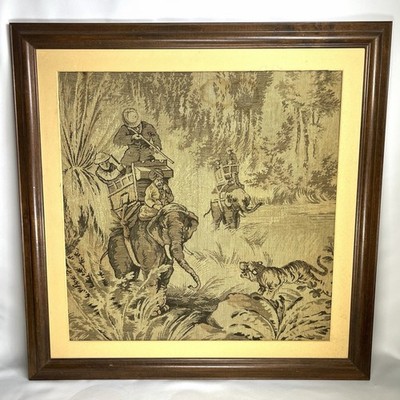 Antique 22x22  Framed Tapestry Tiger Hunt On Elephants Jungle No Color No Glass