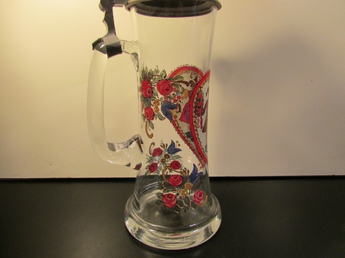 Vintage 0.5l beautiful German Hand Painted Glass Beer Stein w/ Pewter Lid - Picture 4 of 7