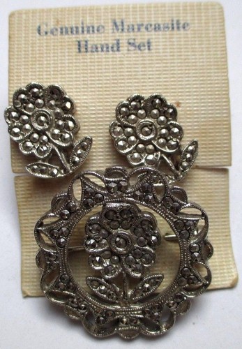 Parure Vintage - Broche Et Boucles D'Oreilles - Argent Plaqué Marcassite - Bijou Ancien Collection - Occasion Parfait