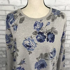 D&CO ACTIVE Size XL Womens Floral Cotton Top Shirt Gray/Blue Roses Pockets LS