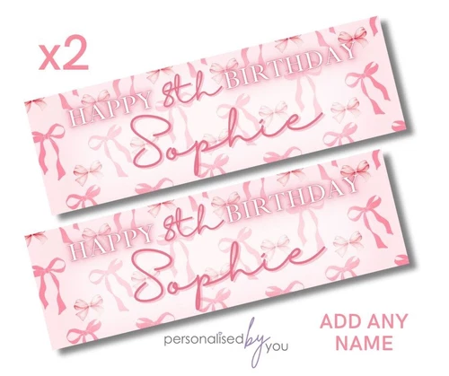 2x Personalised PINK BOW BOWS Happy Birthday Banner LARGE Poster ANY TEXT