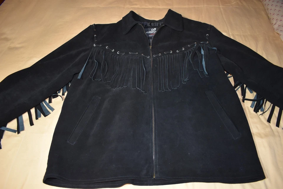 麂皮流苏黑色麂皮绒皮夹克,尺寸 2XL — 第 2/4 张图片
