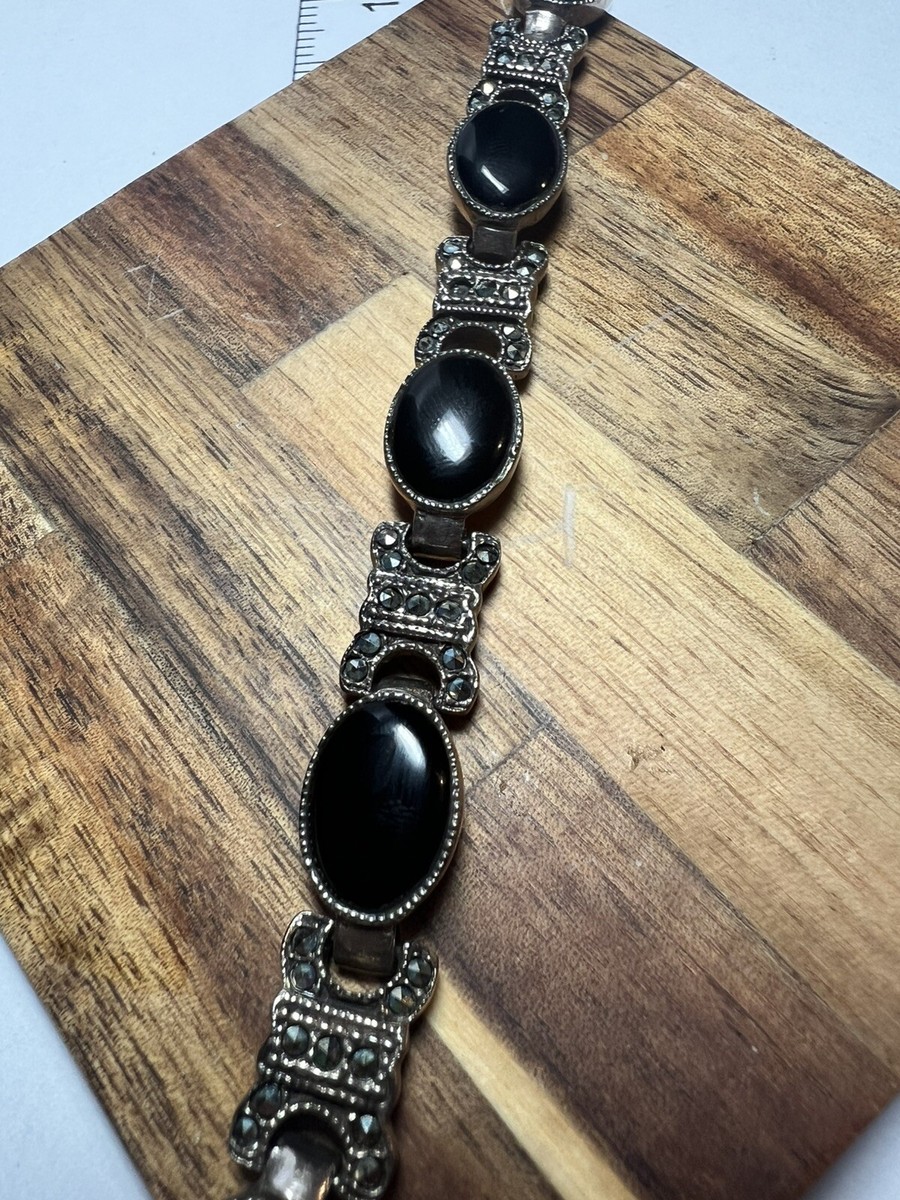 ●BLACKPURPLE● [silver925] Money Keeper Onyx Bracelet Vtg Onyx & Marcasite Sterling Silver 925 - 6.5-7.5in