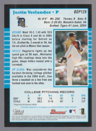 Tarjeta de novato Justin Verlander 2005 Bowman Draft #BDP129 SP RC CASI NUEVA-COMO NUEVA ver escaneos - Imagen 2 de 2