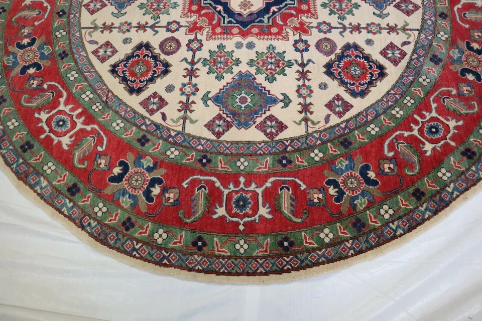 7'10" x 7'11" ft. Afghan Kazak Hand Knotted Wool Tribal Authentic Round Rug 8x8 - Image 3 of 4