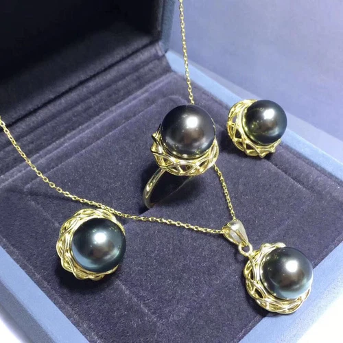 Gorgeous AAAA 10-11mm Natural Tahitian Black Pearl Pendant Earring Ring Set 925s