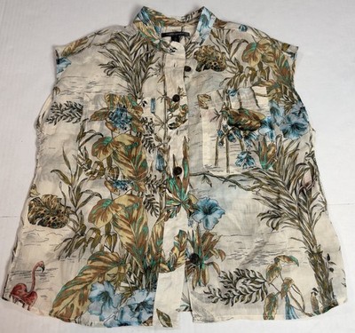 Tropical Floral Top Ramie Short Sleeve Button Up Shirt Size X Small