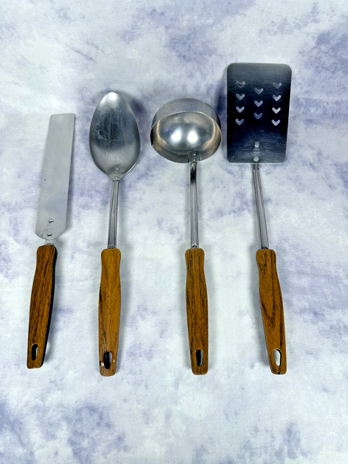 Vintage EKCO USA 4-Piece Stainless Steel Kitchen Utensil Set | Faux Wood Plastic