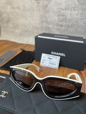 CHANEL SUNGLASSES BLACK WHITE FRAME 100 AUTHENTIC CLASSIC 6056 CAT EYE SHIELD