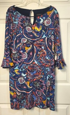 NWT Laundry by Shelli Segal Blue Paisly Floral Reversible Dress SZ L Ruffle Cuff