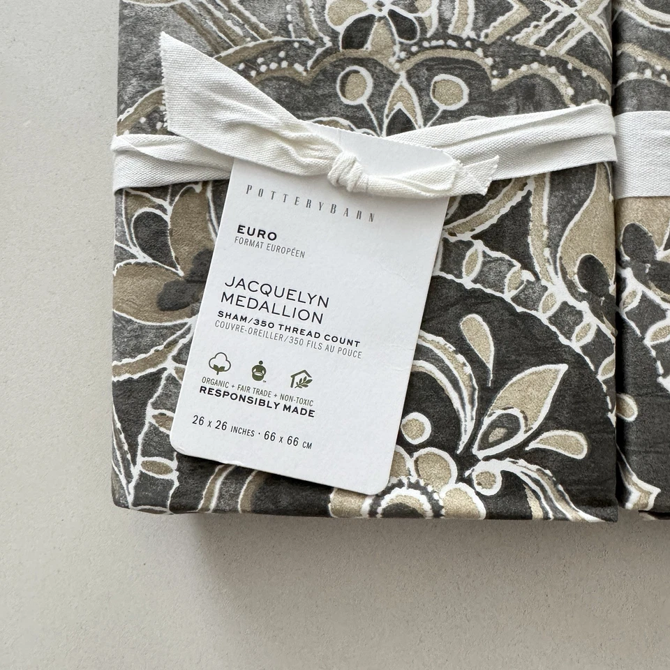 Nuevo Juego de 2 Fundas Euro Pottery Barn MEDALLÓN JACQUELYN SATÉN ORGÁNICO NUEVO CON ETIQUETAS Foto 2 de 3