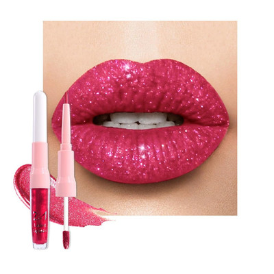 Rose Red Metallic Glitter Lip Liner and Lipstick Combo Lip Gloss Stain Set Makeu