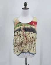 Citron Santa Monica Beige Silk Asian Print Tank Top Sz L