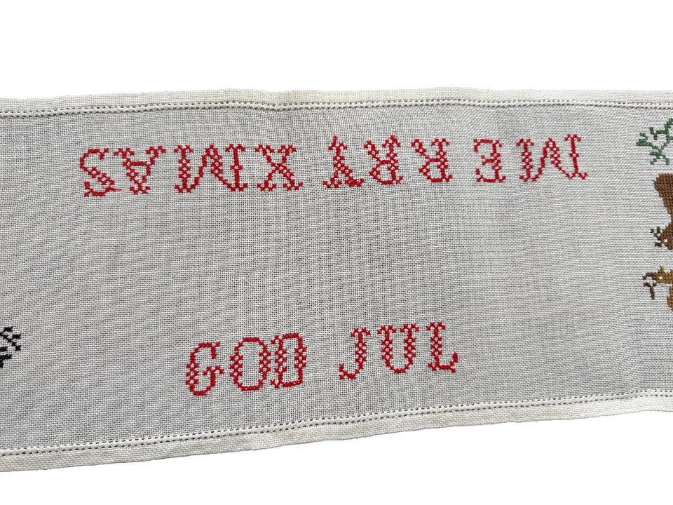 Corredor de mesa sueco de Navidad lino ciervo DIOS JUL 26" x 9,5" cosido en cruz bonito Foto 3 de 4