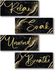 4 Pcs Black Gold Wall Decor Sign Set Rustic Wooden Marble Bathroom Art