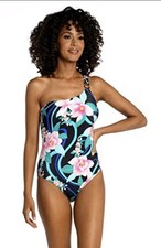 La Blanca Women's One Shoulder One Piece Swimsuit, Black Nightfall Blooms, 12